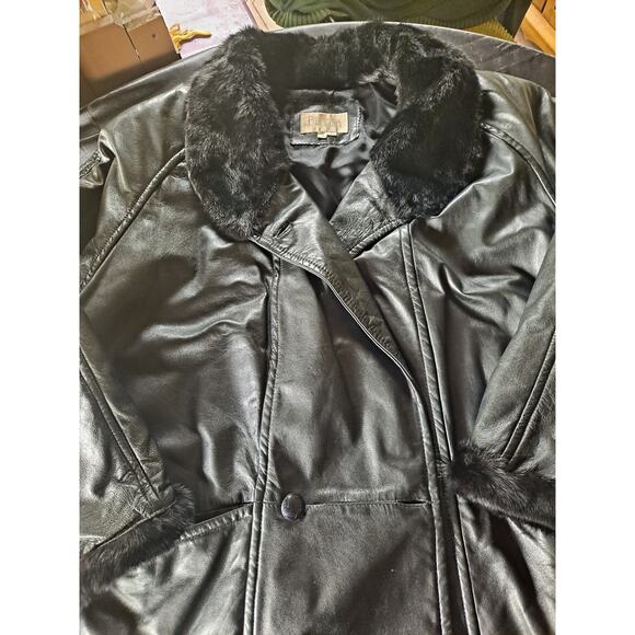 3x BETTINA Vintage Black Leather Full Length Trench Coat w/Fur Trim And Cuffs - Picture 4 of 10